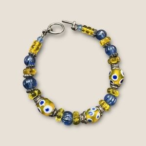 Yellow and Blue Vintage Artisan Glass Beaded Bracelet